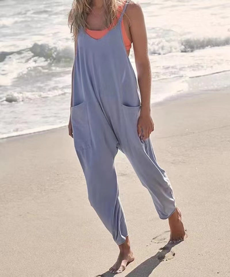 Hot Selling Jumpsuit Summer Women's Clothing With Pocket Loose Shoulder Pants For Women